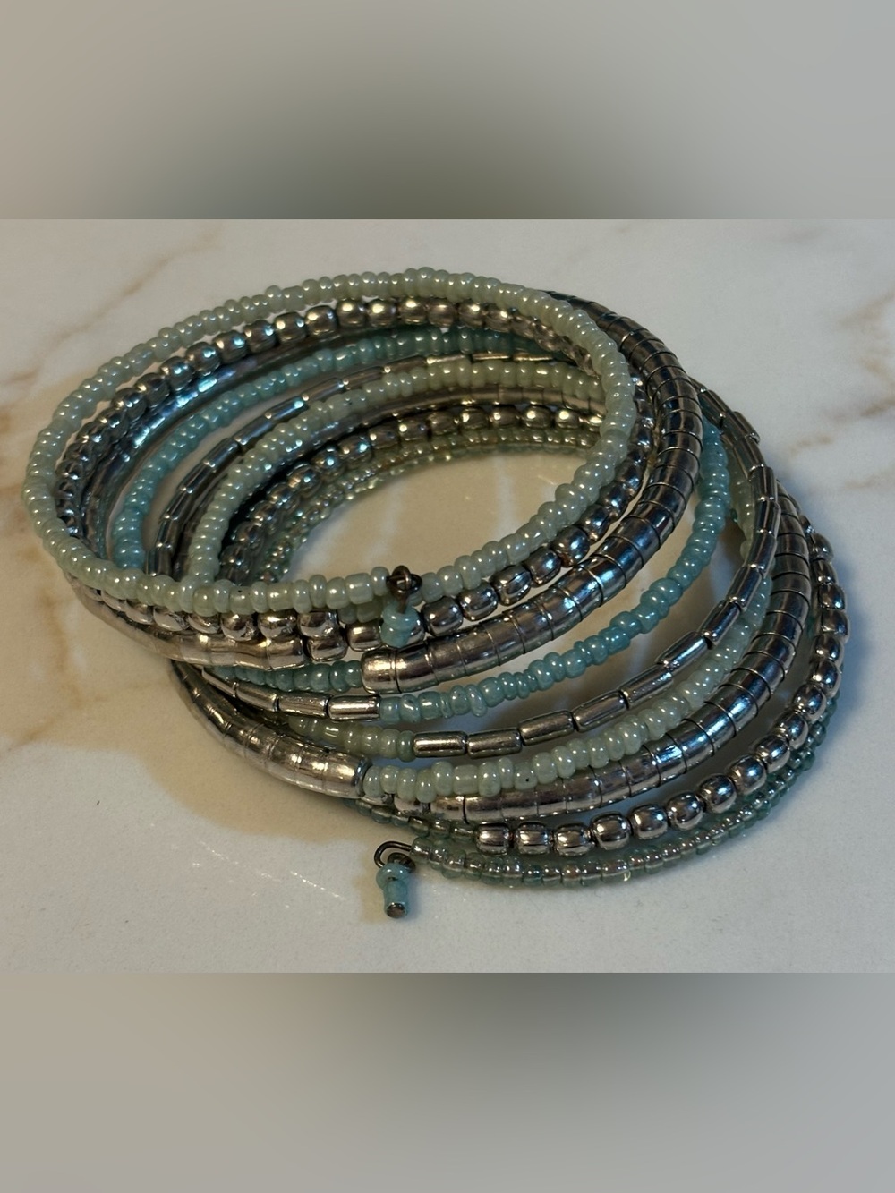 Silver and Light Aqua Beaded Coil Bracelet, Like new!
